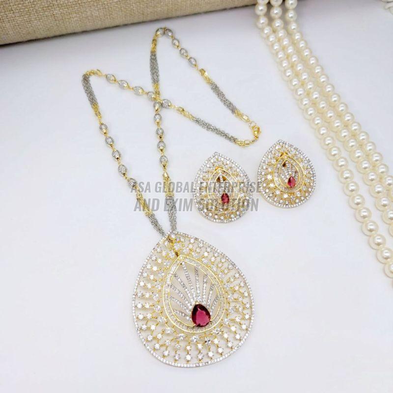 Ladies Brass Golden And Silver Pink Stone Designer Pendant Set