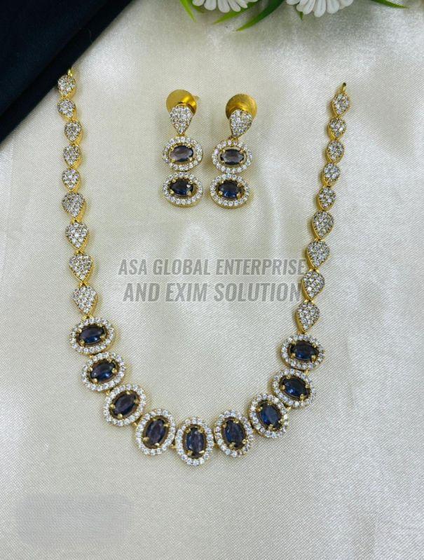 Ladies Brass Golden Dark Blue Stone Artificial Necklace Set