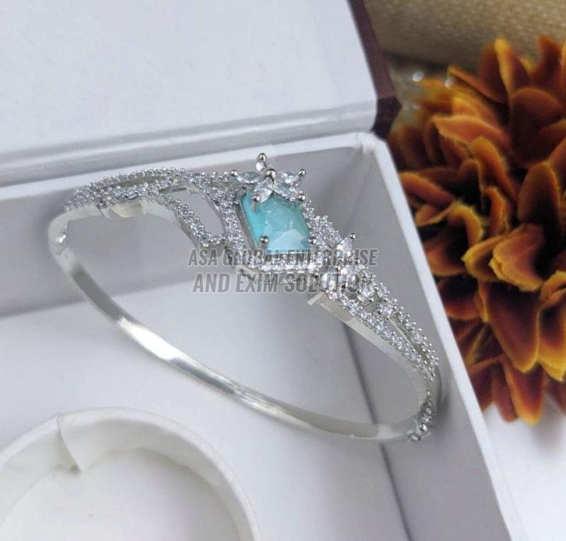 Ladies Brass Silver And Sea Blue Modern CZ Bracelet