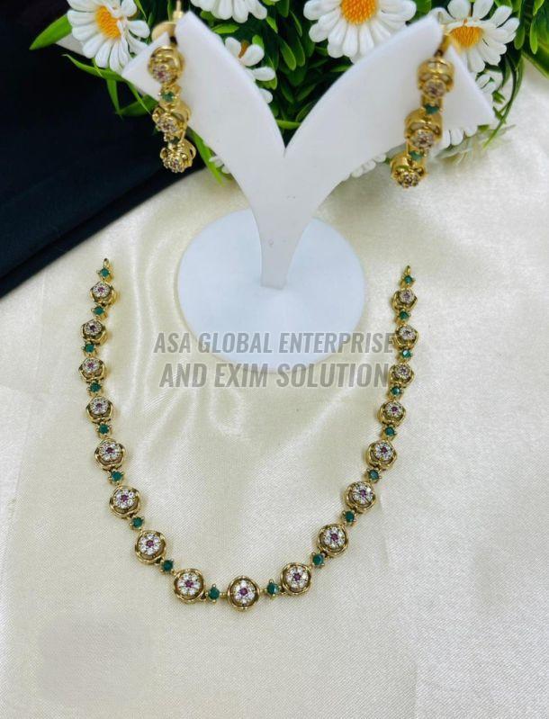 Ladies Green Stone Gold Plated Brass Necklace Set