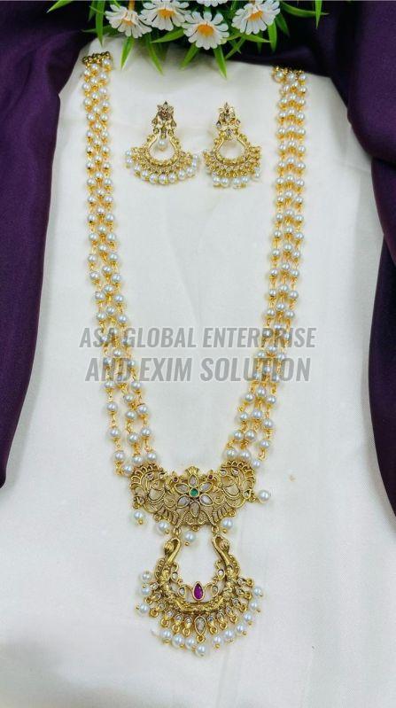 Traditional Brass Long Pearl Necklace Set