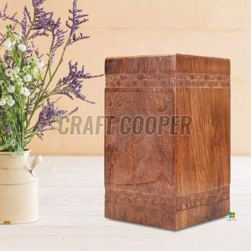 Carved Polished Wooden Rectangle Cremation Urn, Color : Brown