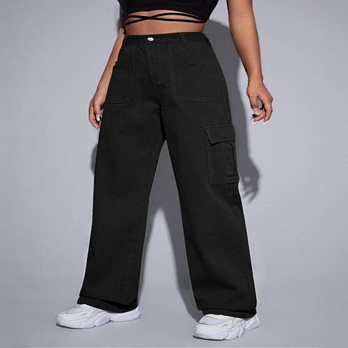 Plain Denim Ladies Black Straight Fit Cargo Jeans Casual Wear