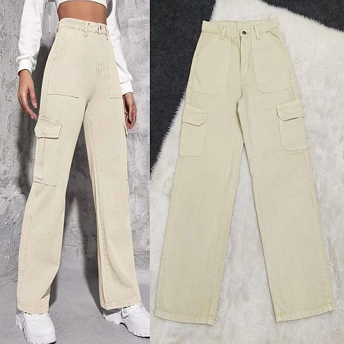 Denim Ladies High Rise Beige Cargo Jeans