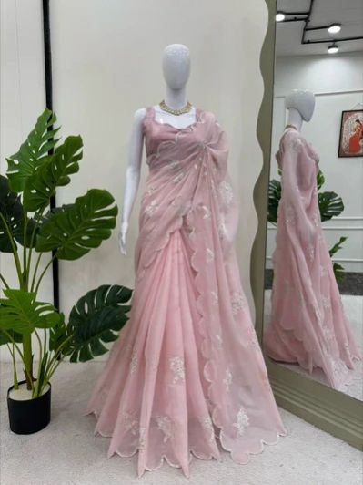 Baby Pink Shimmery Tissue Silk Designer Saree