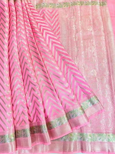 Baby Pink Zig Zag Pure Chiniya Silk Saree