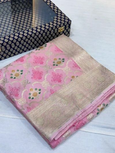 Barbie Pink Mashru Silk Banarasi Saree
