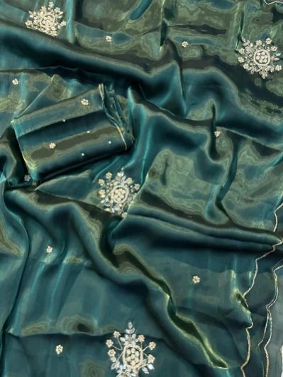 Bottle Green Shimmery Tissue Handwork Saree