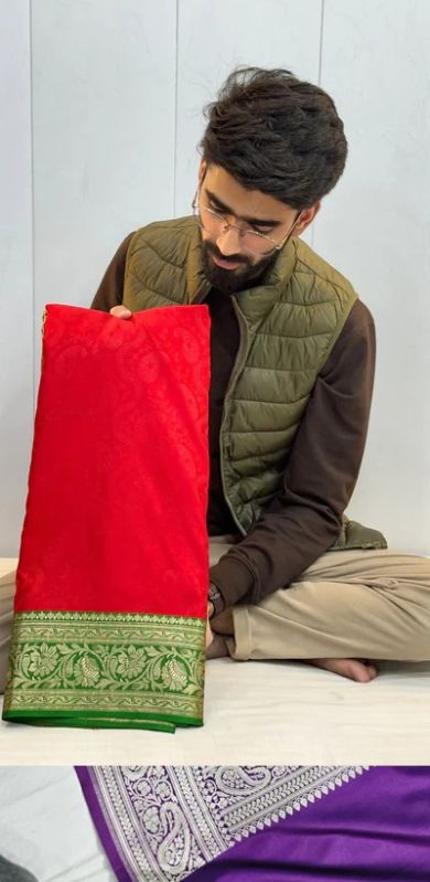 Bridal Red Satin Katan Silk Floral Weave Banarasi Saree