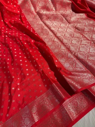 Bridal Red Semi Katan Silk Zari Buti Banarasi Saree