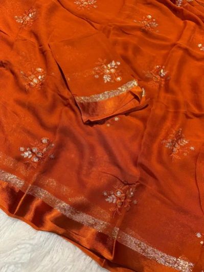 Bright Orange Premium Viscose Georgette Embroidered Saree