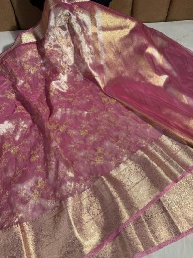 Bright Pink Tissue Silk Chikankari Embroidered Banarasi Saree