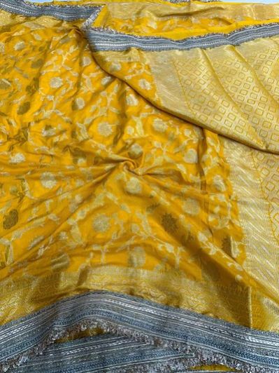 Bright Yellow Crepe Georgette Floral Banarasi Saree