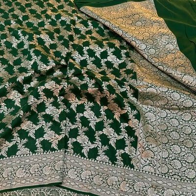 Dark Green Floral Munga Silk Banarasi Saree