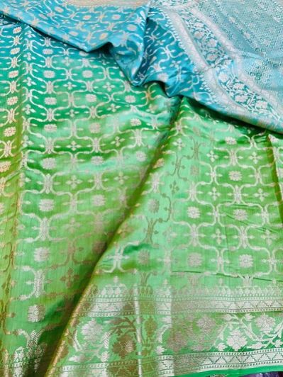Dual Green Hand Brush Dyed Pure Chiniya Silk Banarasi Saree