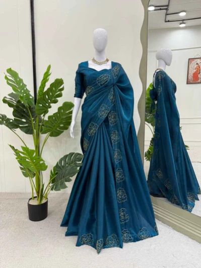 Emerald Blue Shimmery Tissue Silk Designer Saree