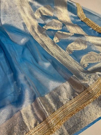 Eye Catching Sea Blue Tissue Silk Lace Work Banarasi Saree