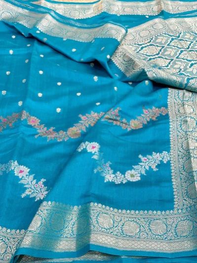 Firozi Blue Meenakari Leheriya Chiniya Silk Saree