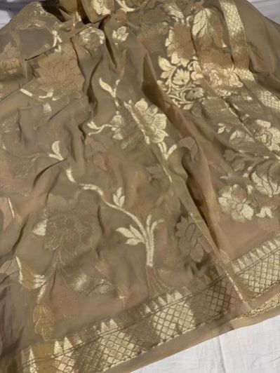Ivory Beige Premium Khaddi Chiffon Silk Jangla Banarasi Saree