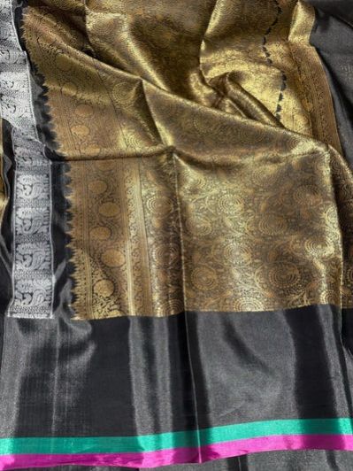 Jet Black Katan Silk Banarasi Saree