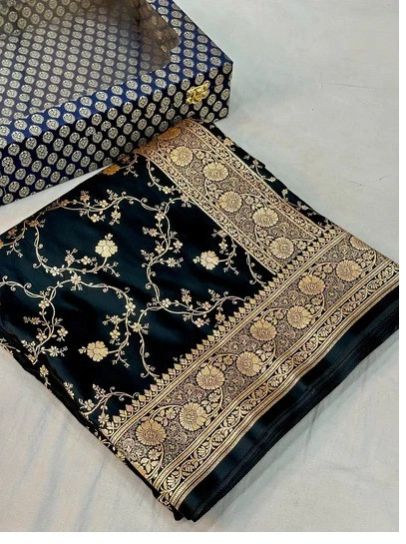 Jet Black Satin Katan Silk Golden Zari Intricate Floral Banarasi Saree