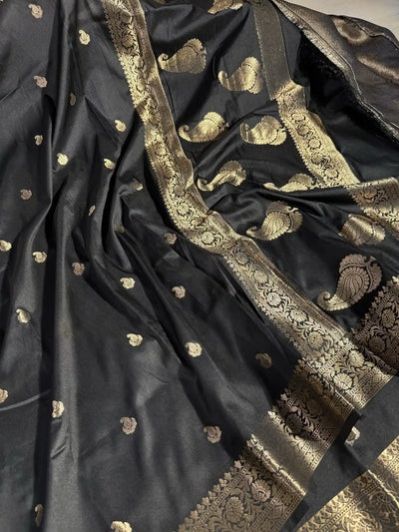 Jet Black Semi Katan Silk Banarasi Saree