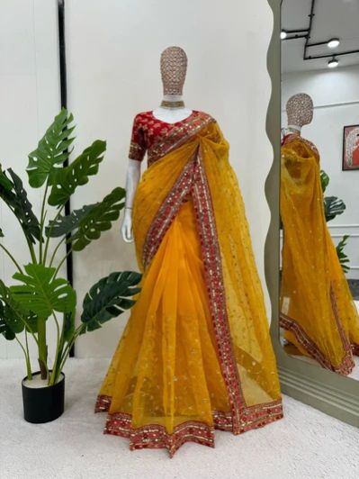 Light Mustard Yellow Kora Organza Saree