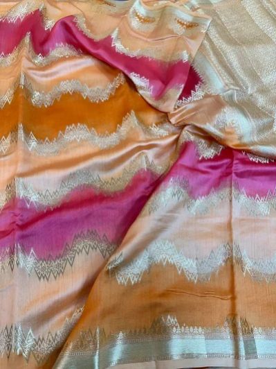 Light Peach Handbrush Dyed Pure Chiniya Silk Banarasi Saree