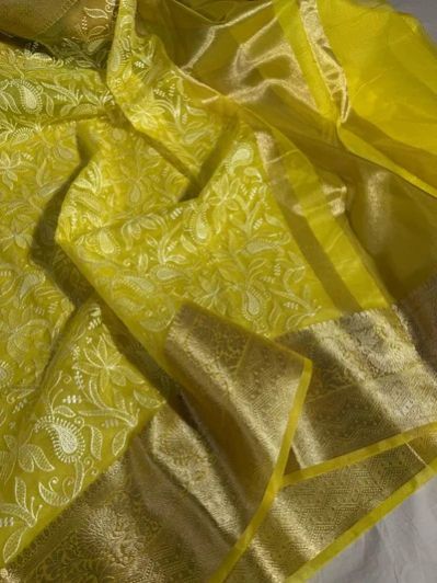 Light Yellow Organza Silk Banarasi Chikankari Saree