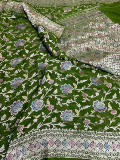 Mehendi Green Hand Dyed Khadi Georgette Banarasi Saree