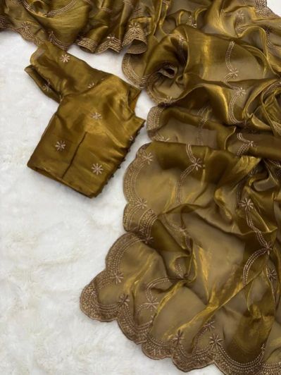 Mustardish Gold Shimmery Tissue Silk Designer Saree