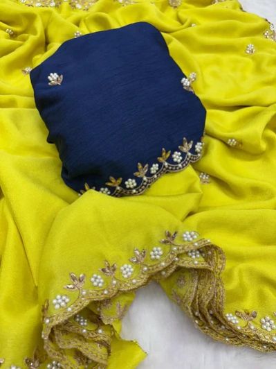 Neon Green Embroidery AND Beads Work Soft Silk Saree