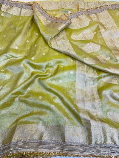 Olive Green Tissue Silk Lace Attached Banarasi Saree