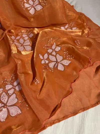 Orange Shimmery Tissue Silk Threads Sequins Work Designer Saree