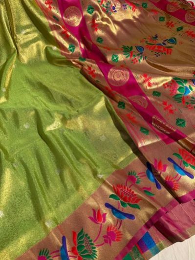 Parrot Green Embossed Premium Paithani Tissue Silk Saree