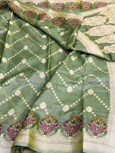 Pista Green Pure Tussar Silk Banarasi Saree