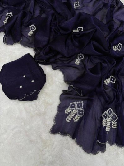 Premium Navy Katdana Handwork Shimmery Tissue Silk Saree