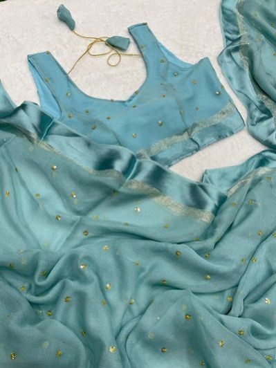 Premium Sea Blue Georgette Banarasi Silk Saree