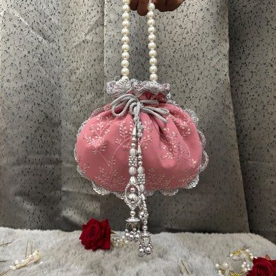 Premium Soft Pink Embroidery & Lace Work Potli Bags
