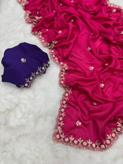 Rani Pink Embroidery AND Beads Work Soft Silk Saree