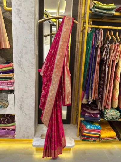 Rani Pink Satin Katan Silk Intricate Floral Weave Banarasi Saree