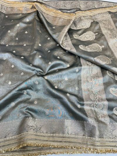 Rare Beige Tissue Silk Lace Attached Banarasi Saree