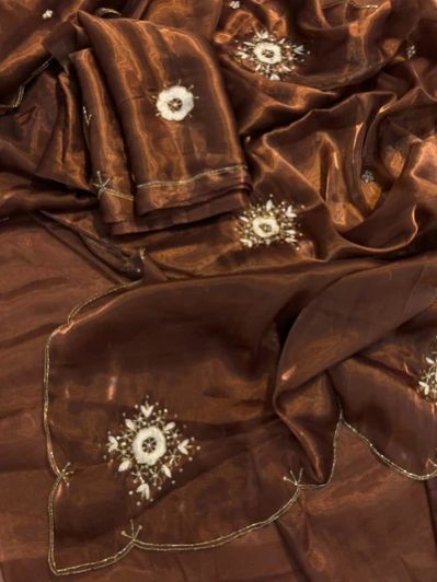 Rare Chocolate Brown Shimmery Tissue Silk Saree