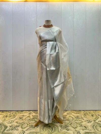 Ready TO Wear Silver Zari Kota Tissue Saree