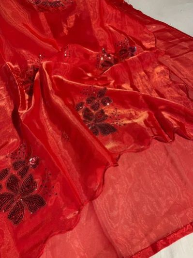 Red Shimmery Tissue Silk Threads Sequins Work Designer Saree