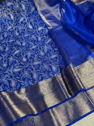 Royal Blue Organza Silk Banarasi Chikankari Saree