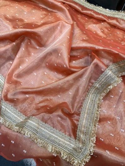 Rust Orange Tissue Silk Zari Buti Gota Lace Work Banarasi Saree