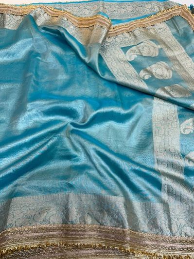 Sea Blue Tissue Silk Lace Attached Banarasi Saree