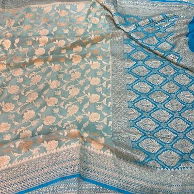 Sea Green Floral Weave Khaddi Georgette Banarasi Saree