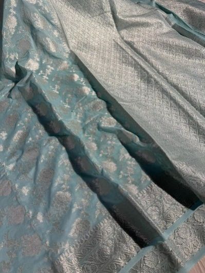 Sea Green Georgette Silk Grand Floral Weave Banarasi Saree